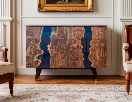 фасад тумбы карагач с бирюзовой эпоксидной смолой в пространстве неоклассики