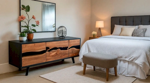 Тумба под телевизор из слэба с эпоксидной смолой в интерьере спальни Mid-century 