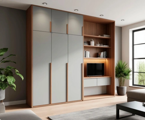 Шкаф в гостиную или интегрированным рабочим местом на заказ с фасадами из крашеного и шпонированного МДФ в современной гостиной