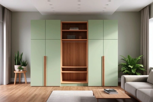Дизайн платяного шкафа в стиле минимализм, комбинация закрытых фасадов и открытых полок