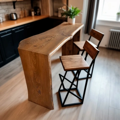 Эксклюзивная барная стойка из массива карагача с черными металлическими ножками в интерьере в стиле лофт