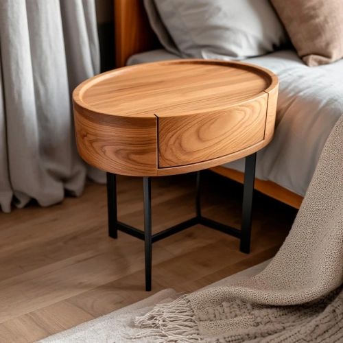 Круглая прикроватная тумба из горного вяза с металлическим основанием в интерьере спальни в стиле минимализм