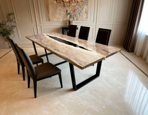 Стол из дерева и смолы в роскошном ноклассическом интерьере с черными стульями