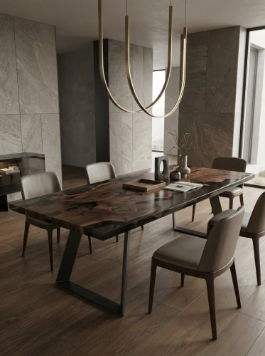Панорамный вид современной столовой с сочетанием материалов: дерево, металл, бетон и эпоксидная смола