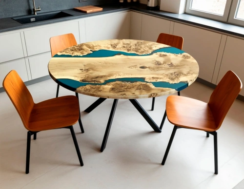 Обеденный стол Poplar из из массива тополя и смолы в белой светлой кухне современного стиля id-1252.333