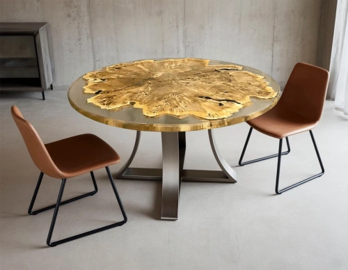 Круглый стол из дерева и смолы на металлическом основании в современной гостиной в индстриальном стиле с бетонной стеной