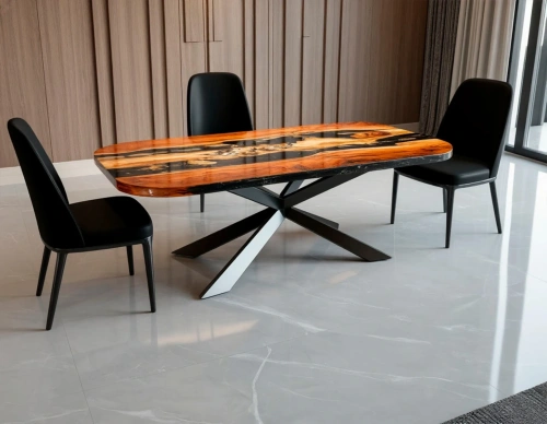 Обеденный стол из массива ивы на чёрном металлическом основании в современной гостиной