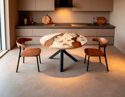 Круглый стол из слэба в современной обеденной зоне с двумя стульями Art. 1252.339