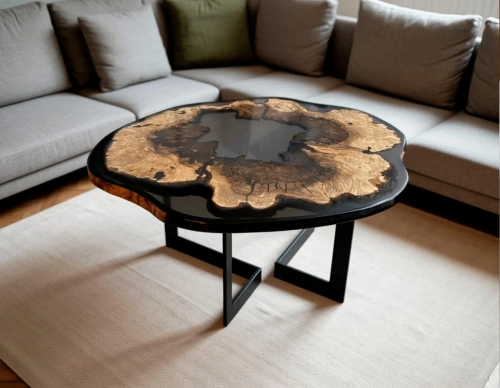 Уникальный журнальный стол ручной работы из натурального клёна с тёмной эпоксидной смолой в интерьере гостиной. id-1252.357