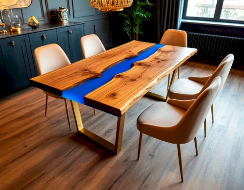 Дизайнерский стол с эпоксидной заливкой в интерьере современной кухни-гостиной