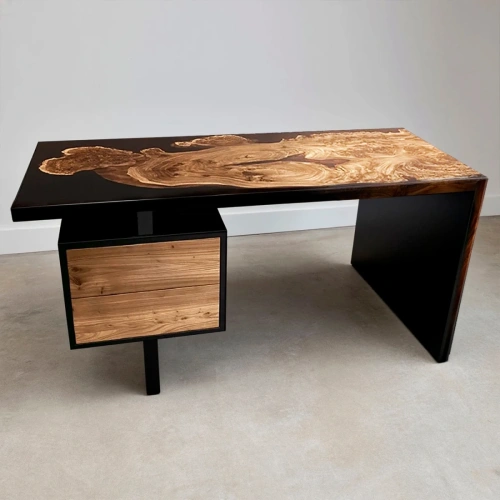 Уникальный письменный стол ручной работы из цельного карагача и черной эпоксидной смолы в интерьере кабинета