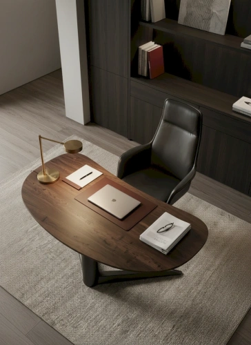 Современный домашний кабинет с письменным столом асимметричной формы на одной опоре и кожаным креслом