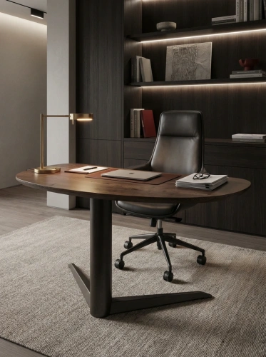 Дизайнерский письменный стол на одной ножке с асимметричной столешницей из темного вяза в интерьере кабинета