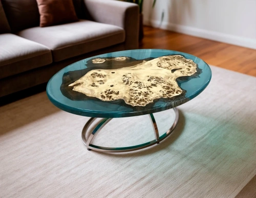 Эксклюзивный овальный журнальный стол из капа тополя с заливкой голубой эпоксидной смолой