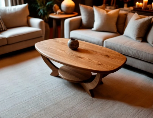 Светлый столик из вяза рядом с диваном и пледом в скандинавском стиле