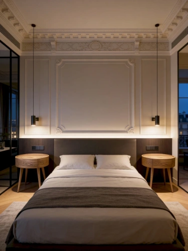 Симметричная расстановка мебели в элегантной спальне с элементами неоклассики