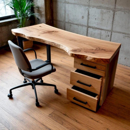 Стол со столешницей из цельного слэба карагача с выдвижными ящиками оборудоваными фурнитурой полного выдвижения марки Blum