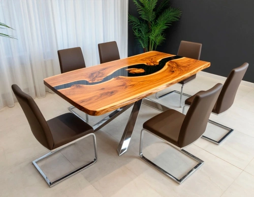 Стол из карагача в интерьере ар-деко. Сочетание дерева, смолы и зеркальных ножек.