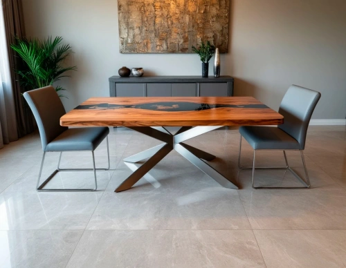 Роскошный обеденный стол с золотистыми прожилками в смоле в интерьере, оформленном в стиле ар-деко