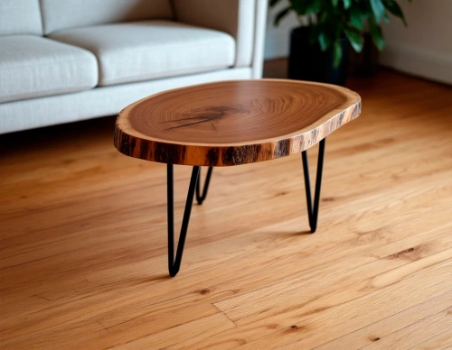 Светлый круглый журнальный столик из дерева и эпоксидки в скандинавской гостиной с панорамным окном Art.1252.523