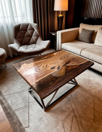 стол из дерева и смолы в интерьере соврменной гостиной