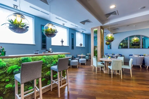 Стул барный Barneo, пуф Jacob, Стул Liz и серые кресла Jacob. Ресторан Cherry lounge