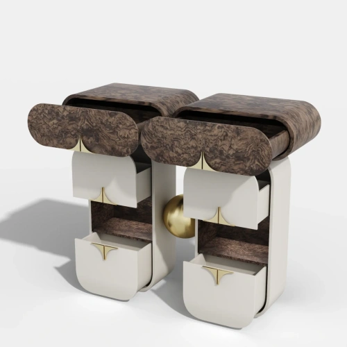 Консоль выполнена как два скрепленных модуля ножки которых стилизованы под высокие тумбы с нишей и двумя выдвижными ящиками каждая