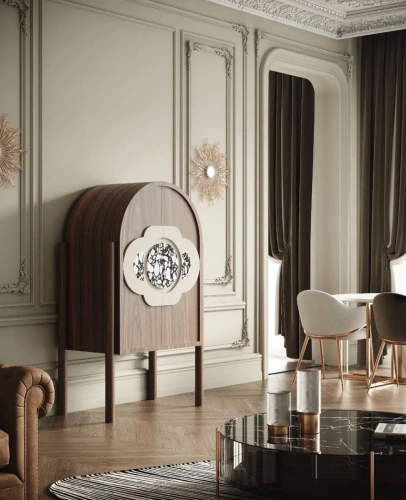 Высокий комод "Луизиана" в интерьере комнаты архитектуры в стиле модерн