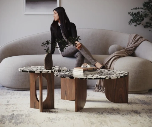 комплект из двух круглых столов разной высоты создает гармоничную композицию для вашей гостиной