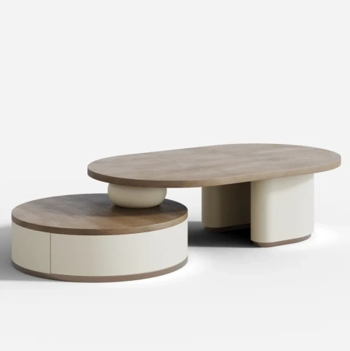 Две геометрические простые формы овал и круг выполненные из натуральный слэба северо-американсого платана в сочетании с натуральной итальянской кожей