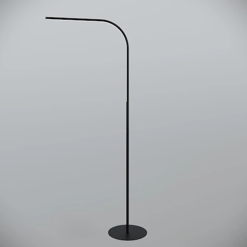 Современный черный торшер JiroLumin с изогнутой конструкцией на фоне светлой стены в интерьере гостиной