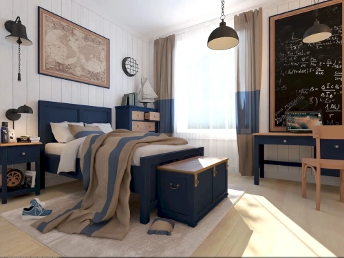 Интерьер дизайн синей спальни. Кровать двуспальная, шкаф трехстворчатый из березы и ясеня, комод высокий из ясеня, рабочий стол с широкой тумбой, сундук