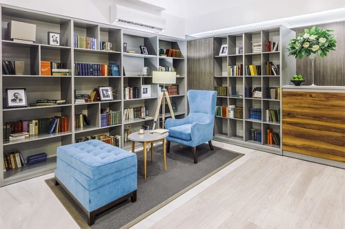 Интерьер зала библиотеки. Кресло James-O и банкетки Banti