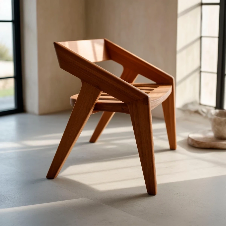 Деревянный стул из массива светлого дерева в современном интерьере гостиной