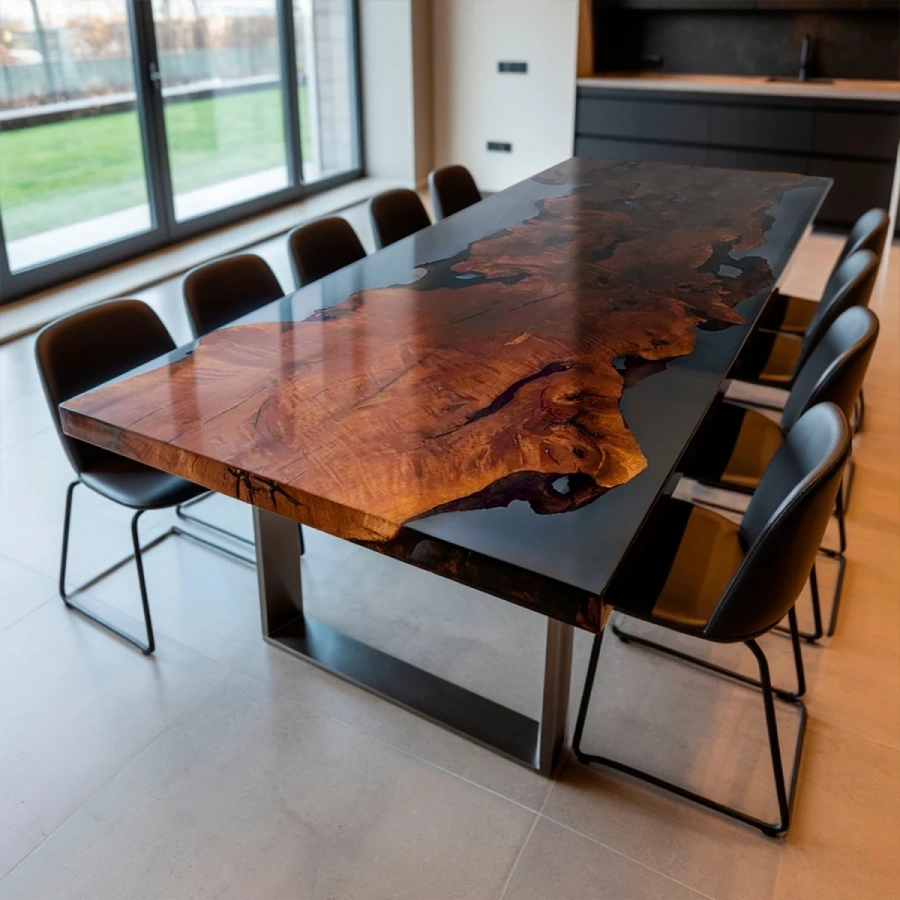 Большой обеденный стол из дерева и черной эпоксидной смолы в современном интерьере