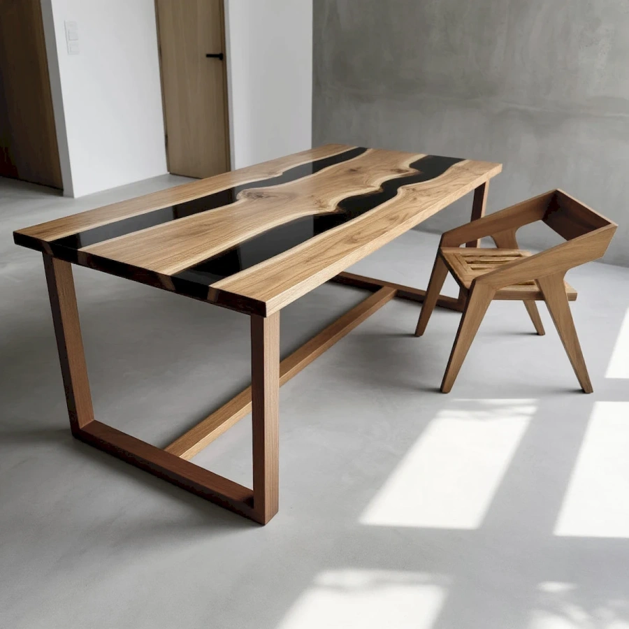 Эксклюзивный обеденный стол из массива грецкого ореха и черной эпоксидной смолы в современном интерьере