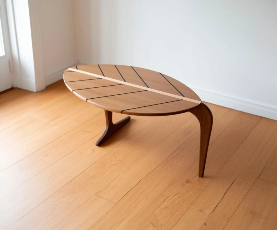 Журнальный столик Leaf в дизайнерском исполнении с затемненным покрытием из масла, приглушающим текстуру.