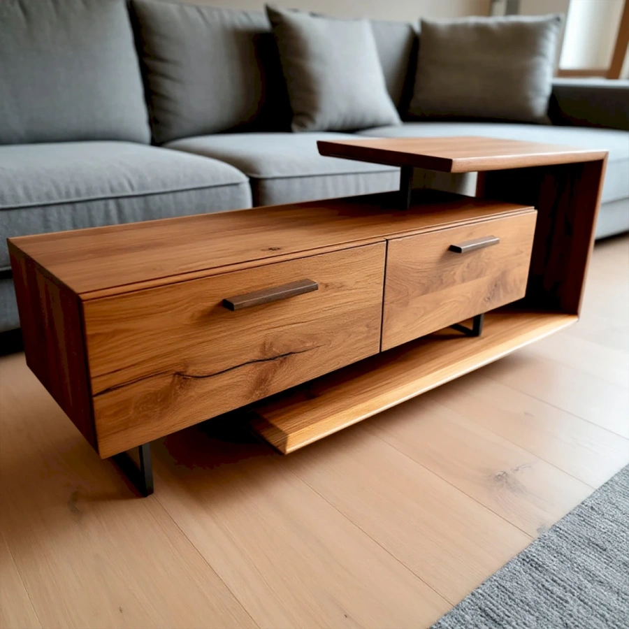 Тумба с подвижной секцией в светлой гостиной, оформленной в стиле скандинавский минимализм.