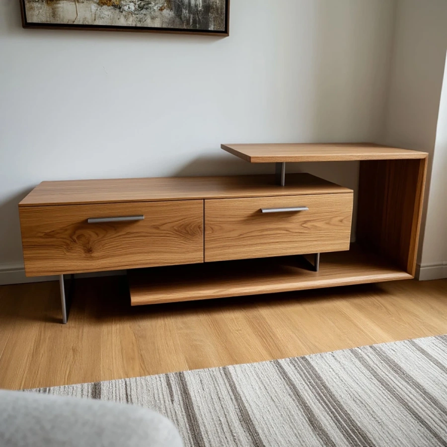 Тумба с подвижной секцией в интерьере светлой гостиной в скандинавском стиле минимализм.