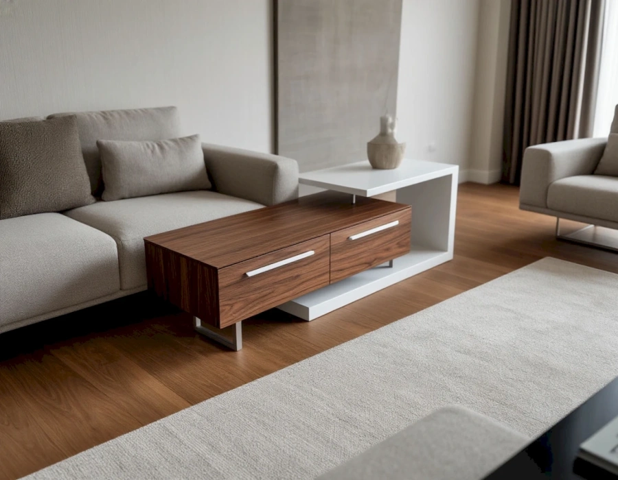 Дизайнерская тумба-столик с асимметричным выступом и комбинацией белого и дерева в интерьере гостиной.