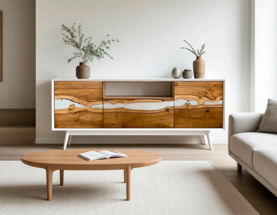 Пример использования низкой белой тумбы из массива дерева в светлом скандинавском интерьере