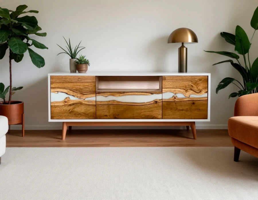 Уникальная тумба под ТВ 140 см из массива грецкого ореха с вставками из белой эпоксидной смолы