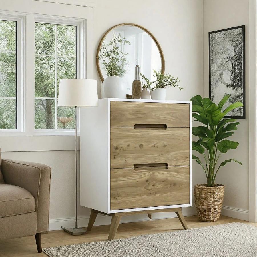 Высокий белый комод из карагача, изготовленный на заказ для гостиной