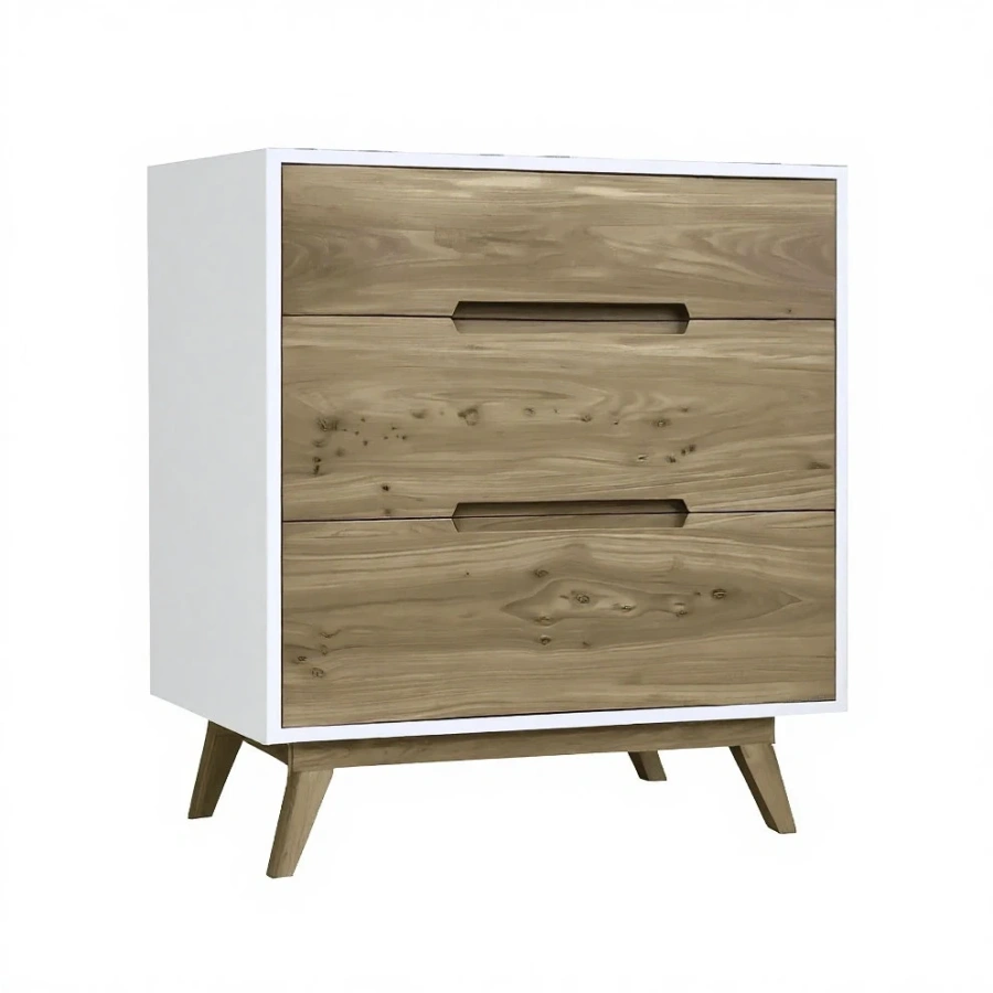 Белый комод с деревянными фасадами из карагача вид сбоку