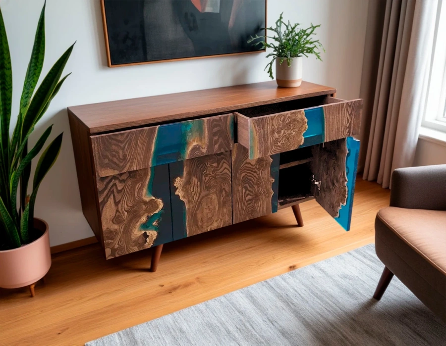 Открытые ящики тумбы комод из массива дерева с системой Blum и местом для аксессуаров Nueva