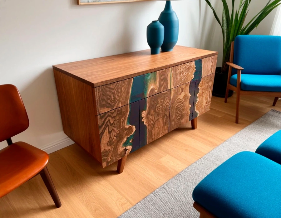 тумба под телевизор из дерева и смолы в гостиную с синей мягкой мебелью