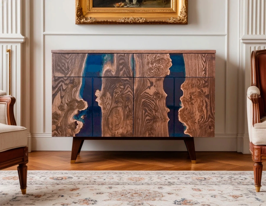 фасад тумбы карагач с бирюзовой эпоксидной смолой в пространстве неоклассики