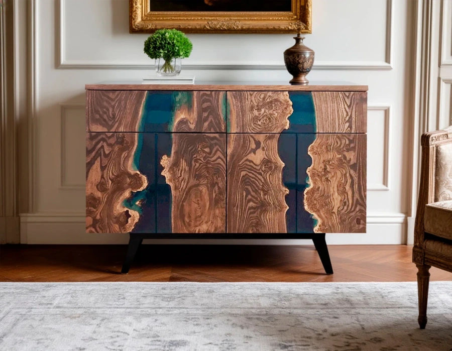 Эксклюзивная тумба с эффектом "реки" из эпоксидной смолы в гостиной в стиле неоклассика