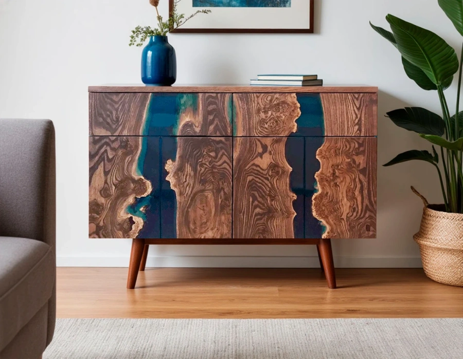 Эксклюзивная тумба 120×75×60 из массива карагача с бирюзовой заливкой эпоксидной смолой