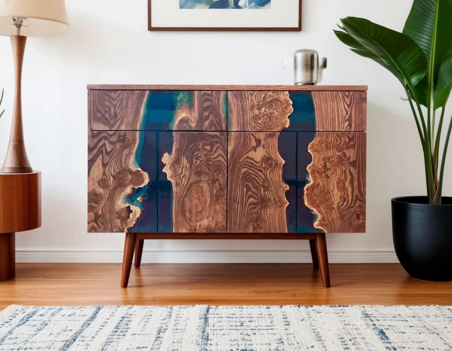 прикроватная тумба mid-century из массива дерева с эпоксидной заливкой